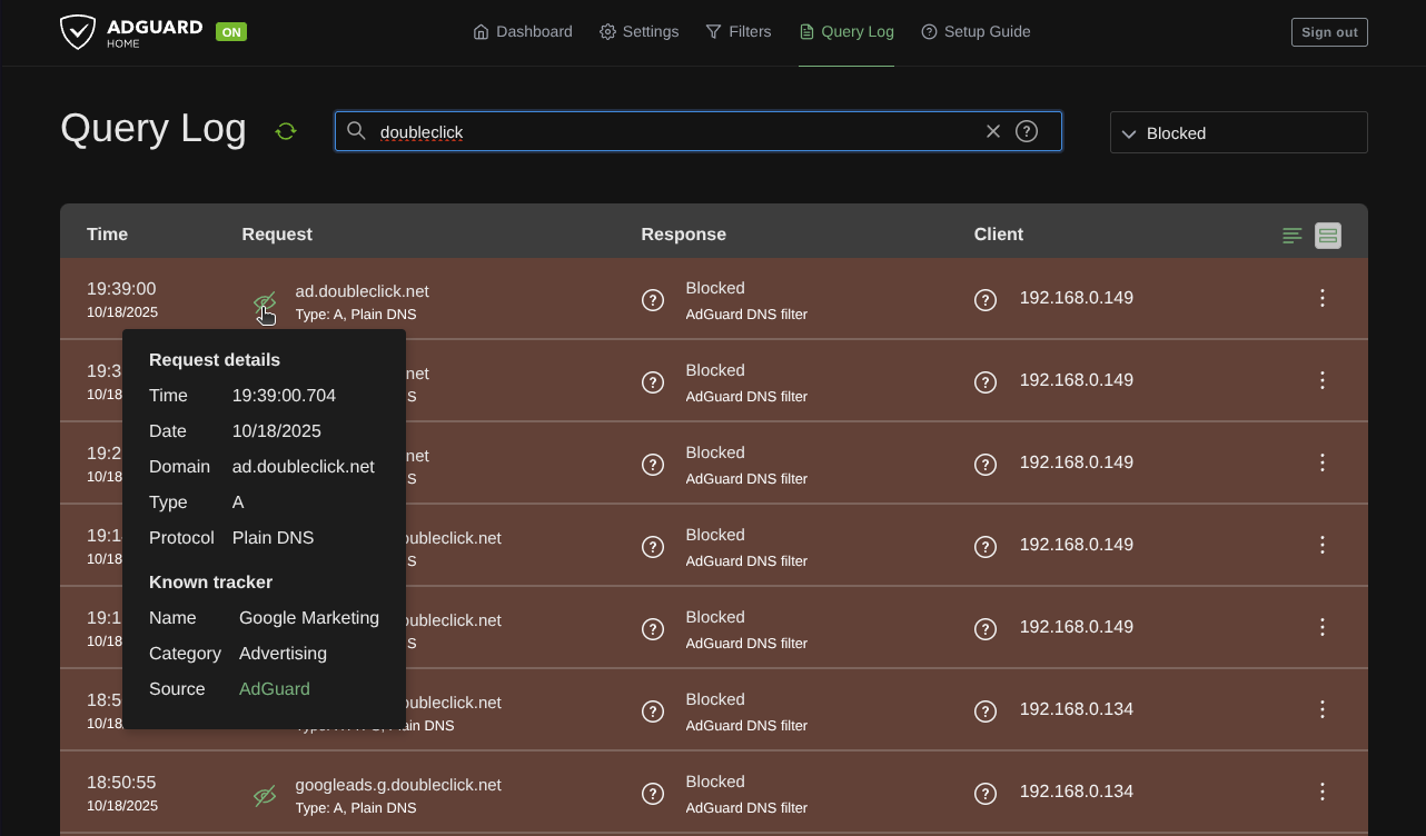 Screenshot from a browser on a computer showing the AdGuard Home query log