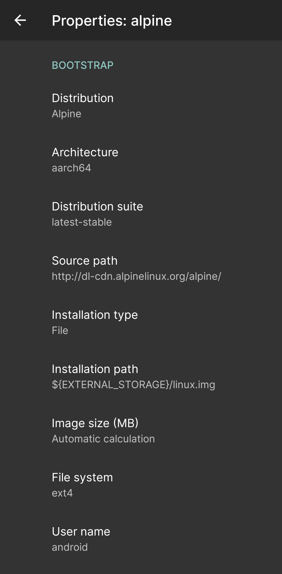 Screenshot from Android device showing the profile configuration screen in LinuxDeploy app