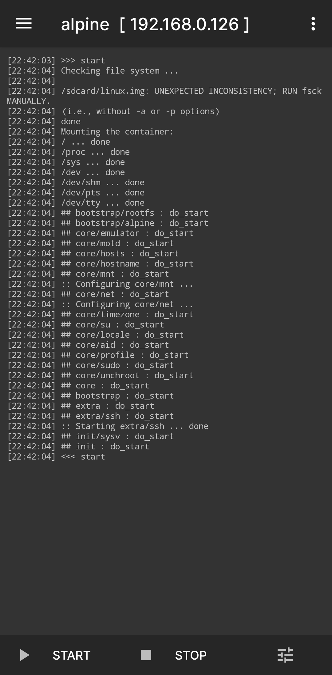 Another screenshot showing the Linux distro startup logs