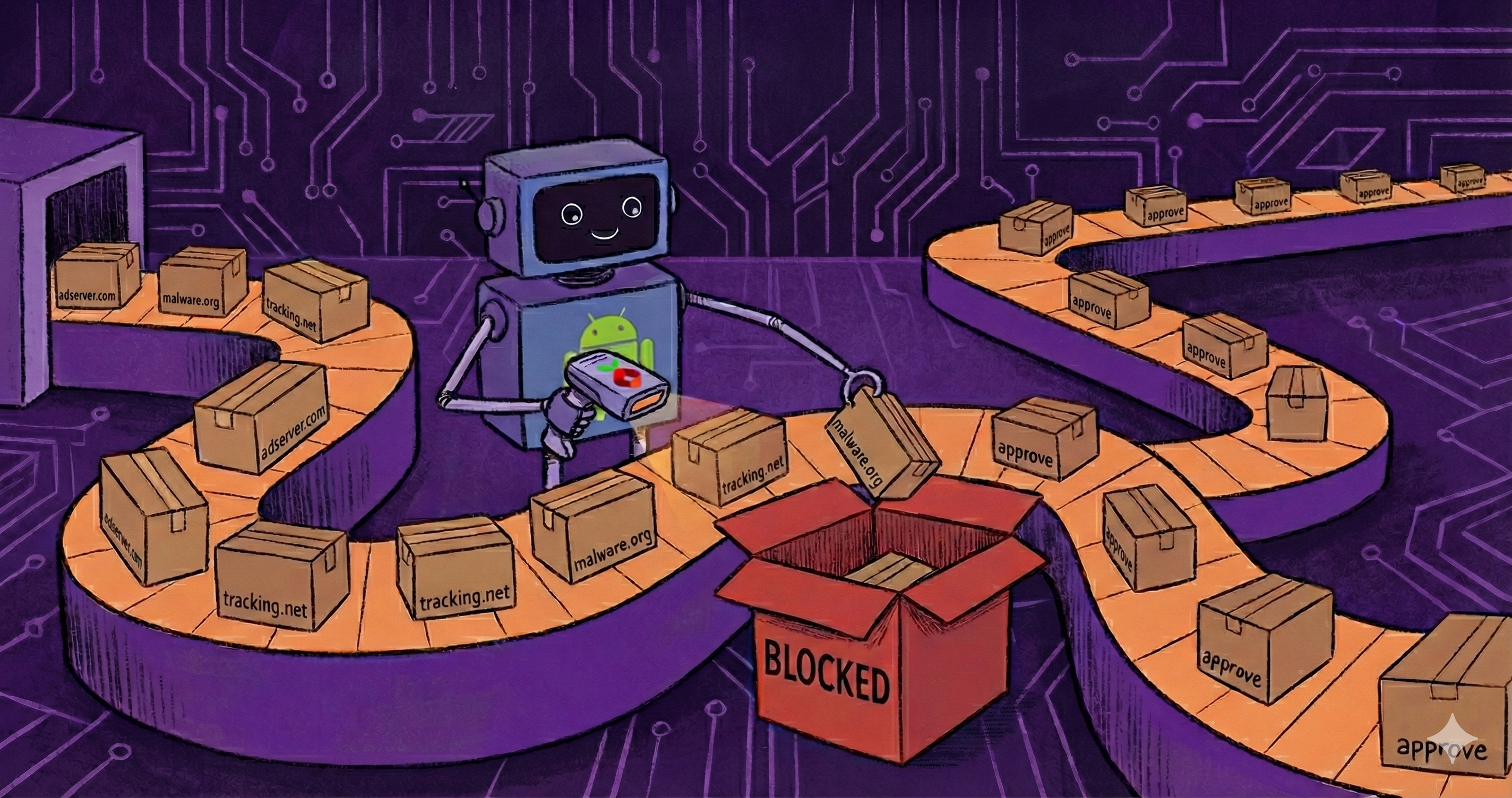 A robot which represents an Android device filtering DNS requests represented by boxes on a conveyor belt using a scanning device which represents the Pi-hole software